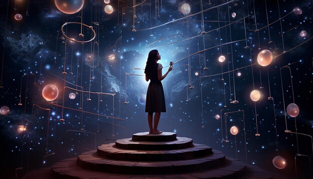 una scena cosmica 3D in cui le donne sono raffigurate come costellazioni nel cielo notturno