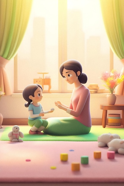 Una scena da cartone animato di una madre e suo figlio con un giocattolo.