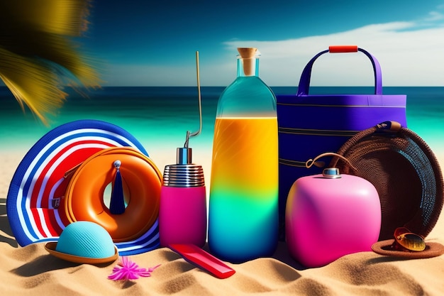 Una scena da spiaggia con una borsa da spiaggia e una bottiglia di accessori da spiaggia.