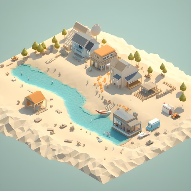 Una scena da spiaggia in stile low poly con una casa sulla spiaggia.