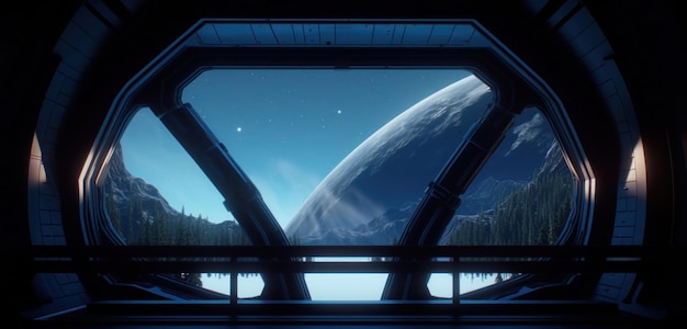 Una scena da un'astronave con un pianeta sullo sfondo.