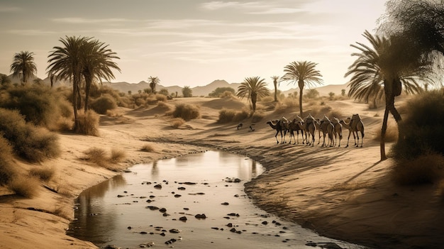 Una scena del deserto con alcuni cammelli e un fiume.