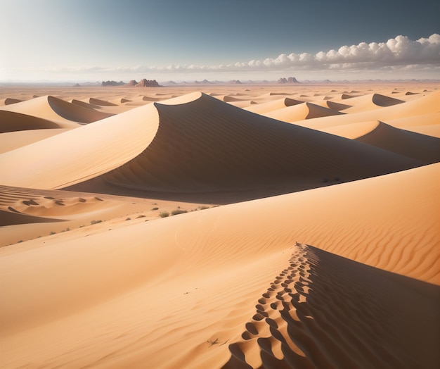 Una scena del deserto con dune di sabbia e un cielo blu.