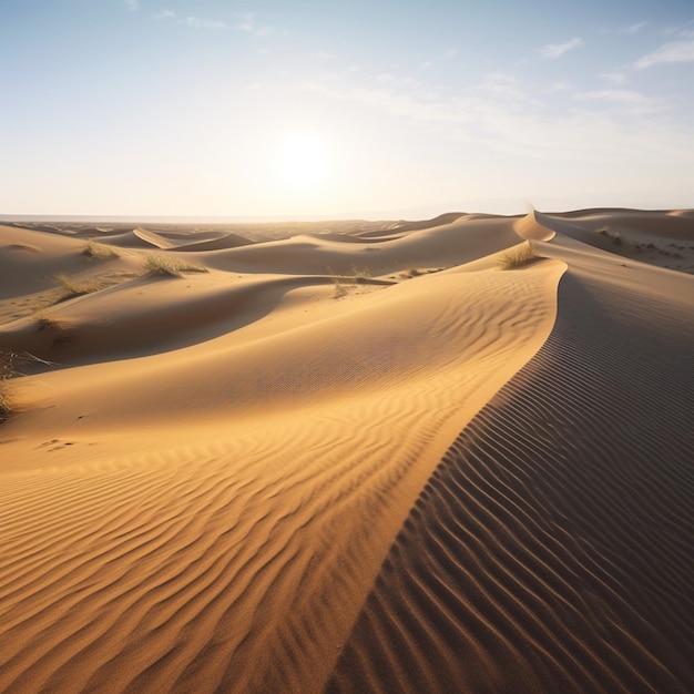 Una scena del deserto con un cielo blu e il sole sta tramontando.