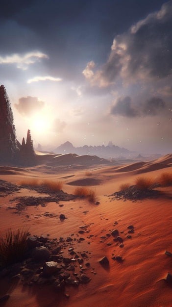 Una scena del deserto con un tramonto sullo sfondo