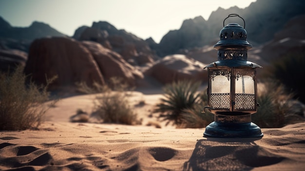 Una scena del deserto con una lanterna nel deserto.