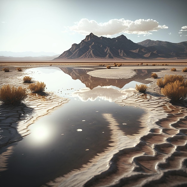 Una scena del deserto con una montagna sullo sfondo e una pozzanghera con la scritta "sopra".