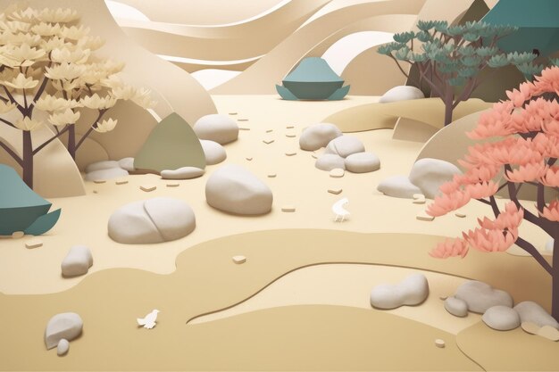 Una scena del deserto con una roccia nel mezzo e un albero nel mezzo.