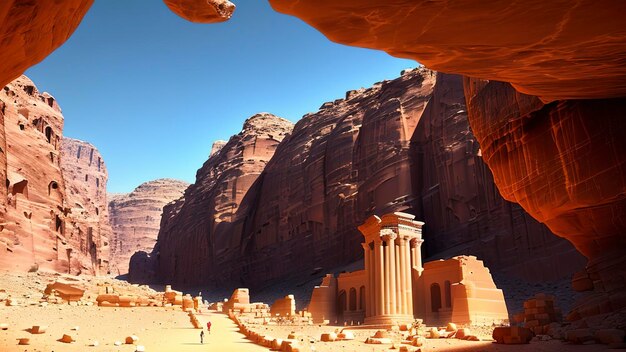 Una scena del deserto con una scena del deserto e un monumento in primo piano.