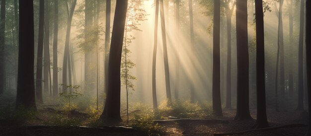 Una scena della foresta con i raggi del sole che attraversano gli alberi