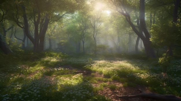 Una scena della foresta con il sole che splende attraverso gli alberi