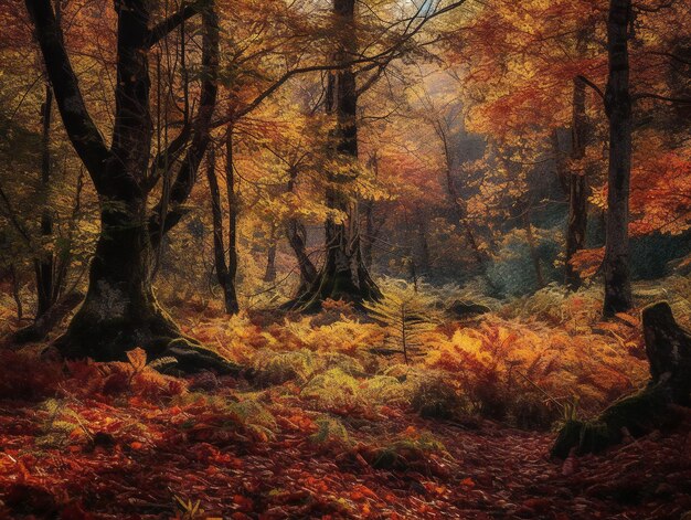 Una scena della foresta con un albero in primo piano e una foresta con foglie d'arancio sul terreno.