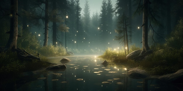 Una scena della foresta con un lago e lucciole sull'acqua.