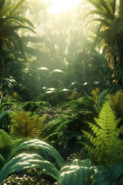 Una scena della foresta con una pianta verde e una felce.