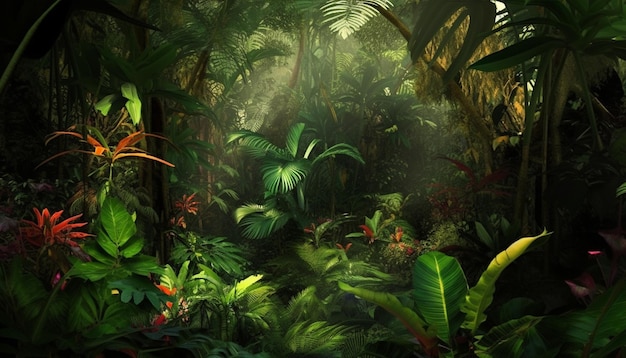 Una scena della giungla con piante e fiori tropicali.