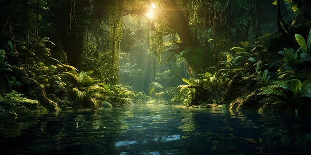 una scena della giungla con un fiume e piante