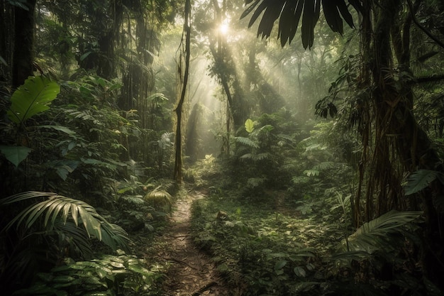 Una scena della giungla con un percorso nel mezzo della giungla.
