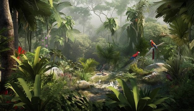 Una scena della giungla con un uccello rosso sulla destra.