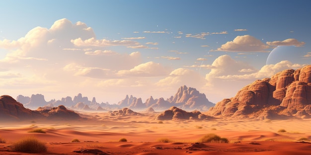 Una scena deserta con dune di sabbia e montagne in lontananza