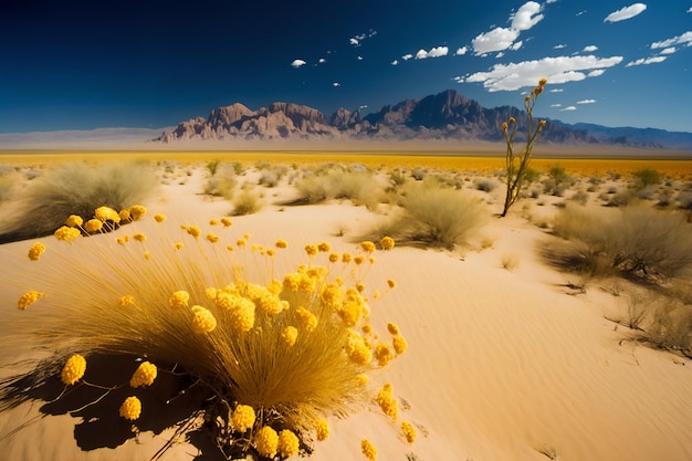 Una scena desertica con fiori gialli in primo piano e montagne sullo sfondo.