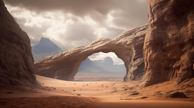 Una scena desertica con un arco naturale nel deserto.