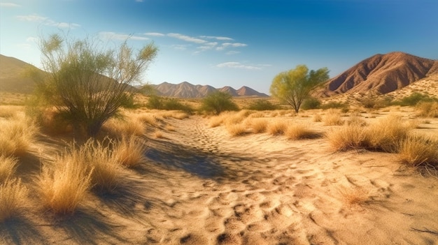 Una scena desertica con un cielo blu e alcuni alberi.