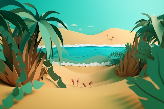 Una scena desertica con un lago e palme.