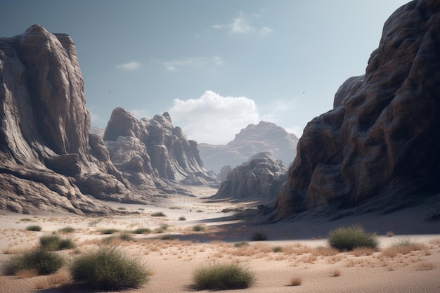 Una scena desertica con un paesaggio roccioso e montagne sullo sfondo.