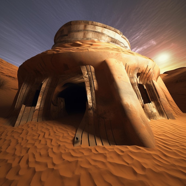 Una scena desertica con una cupola in primo piano e il sole alle spalle.