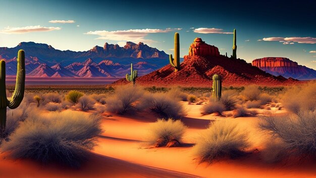 Una scena desertica con una scena desertica e montagne sullo sfondo.