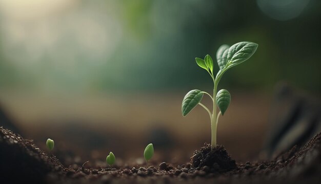 Una scena di agricoltura e crescita delle piante è ambientata su uno sfondo verde sfocato AI generativo