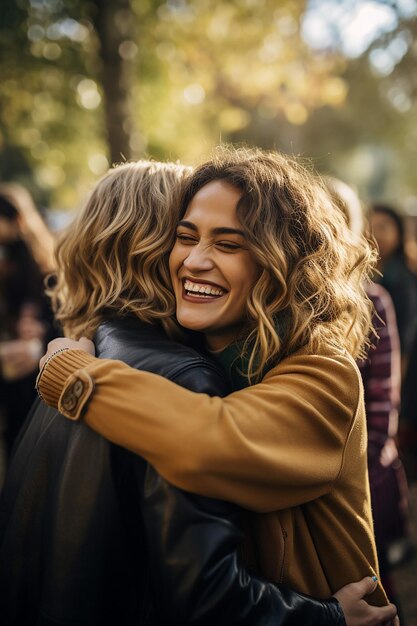 una scena di amici che si riuniscono e si abbracciano in un parco per celebrare la Giornata Nazionale dell'abbraccio