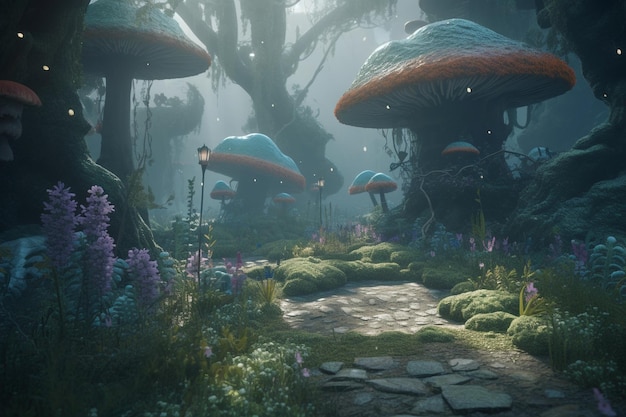 Una scena di bosco con funghi e un sentiero che dice "fungo"