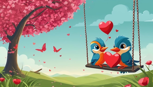 una scena di cartone animato di due uccelli su un altalena con un albero a forma di cuore e un cuore sullo sfondo
