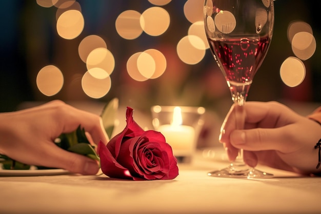 Una scena di cena romantica con due persone che si tengono per mano attraverso un tavolo