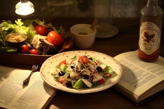 Una scena di cucina d'ispirazione vintage con un libro di ricette di insalata di pollo retro