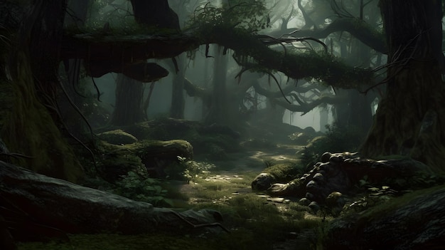 Una scena di foresta con un tronco d'albero e la parola foresta sul fondo.