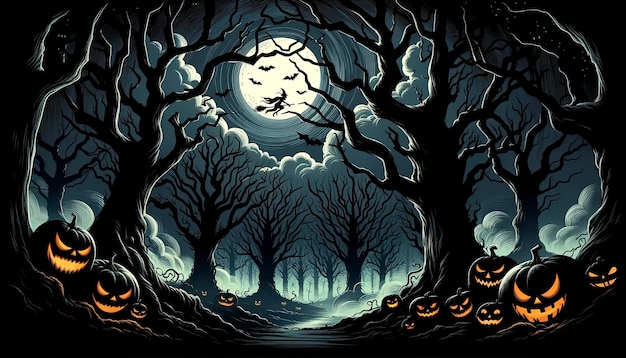 Una scena di foresta infestata con alberi nodosi, nebbia luminosa, lanterne, pipistrelli e la silhouette di una strega su una scopa generata dall'IA.
