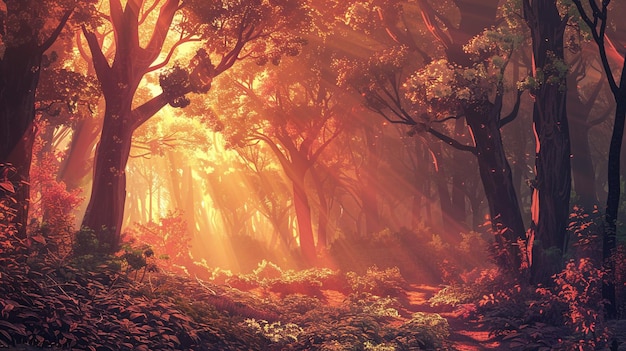Una scena di foresta lussureggiante con la luce solare che filtra attraverso il baldacchino creando gradienti di calde tonalità arancione e rosa sul pavimento della foresta