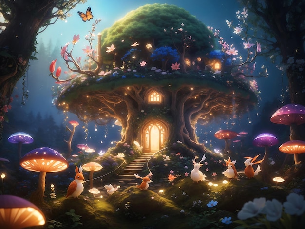 Una scena di foresta stravagante con creature fiabesche e sfondi fantastici con fiori luminosi