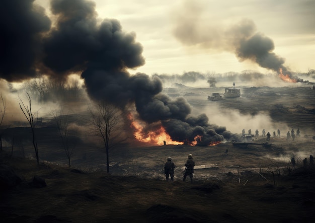 Una scena di fumo nero su un campo di battaglia