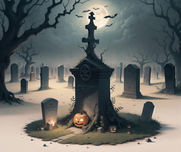 Una scena di Halloween con un cimitero e zucche a terra.