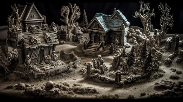 Una scena di Halloween con un villaggio e alberi.
