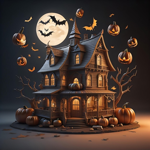 Una scena di Halloween con una casa e pipistrelli e una luna piena.