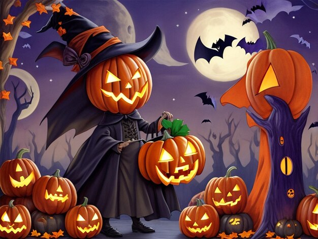 Una scena di Halloween con una strega che indossa un cappello e tiene in mano delle zucche.