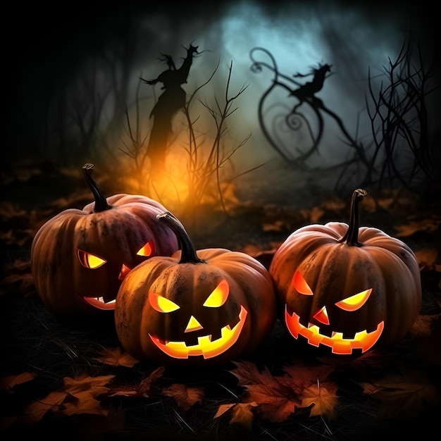 Una scena di halloween con zucche con la parola halloween sul davanti.