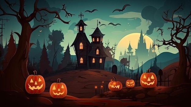 Una scena di halloween con zucche davanti a un castello e una luna piena.