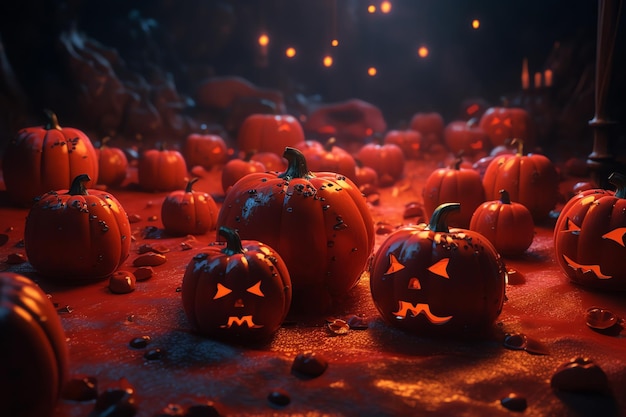 Una scena di Halloween con zucche e candele