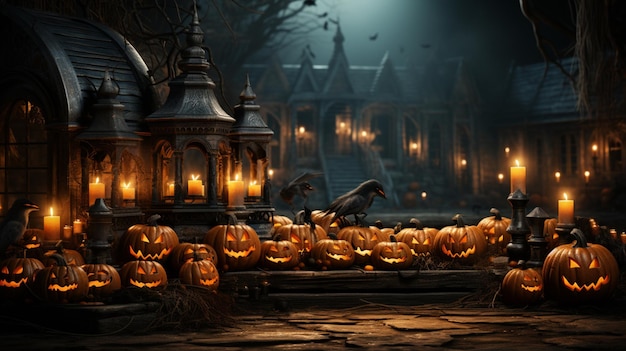 una scena di halloween con zucche e pipistrelli sul muro