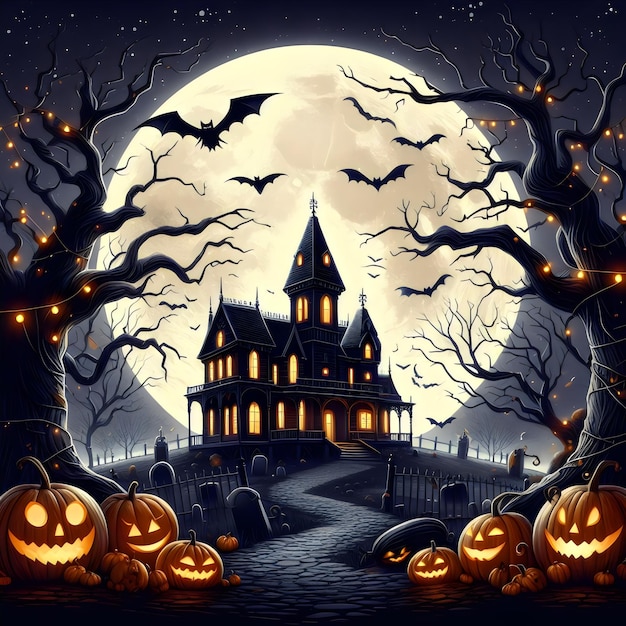 una scena di Halloween con zucche e pipistrelli sulla parte anteriore